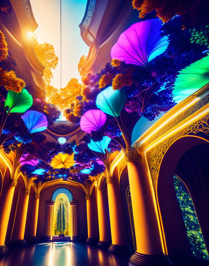 Colorful Tree-Lined Corridor with Golden Light and Glowing Entrance