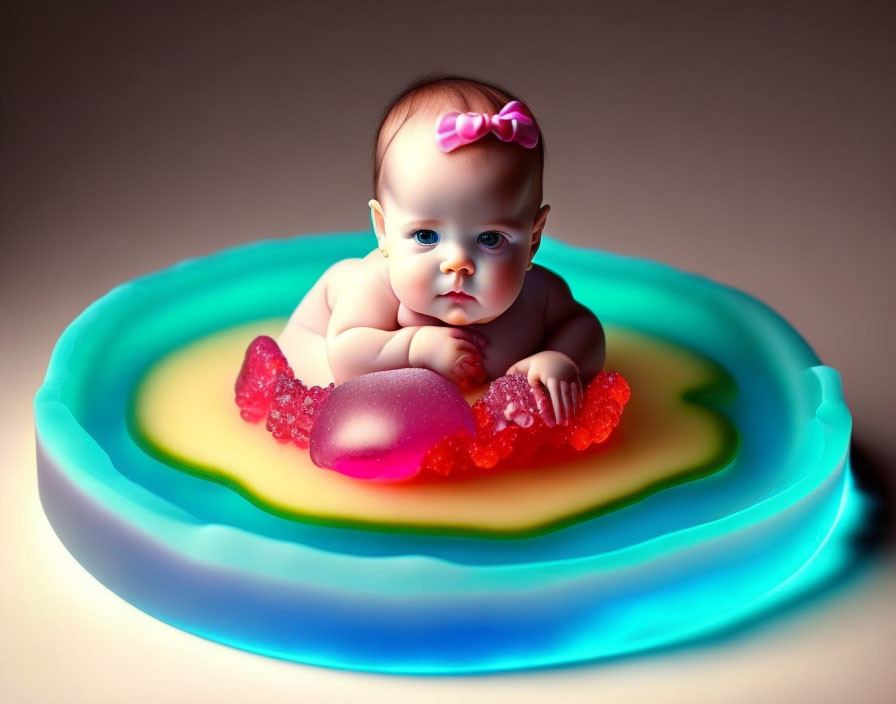 Infant with Pink Bow on Colorful Glowing Pad