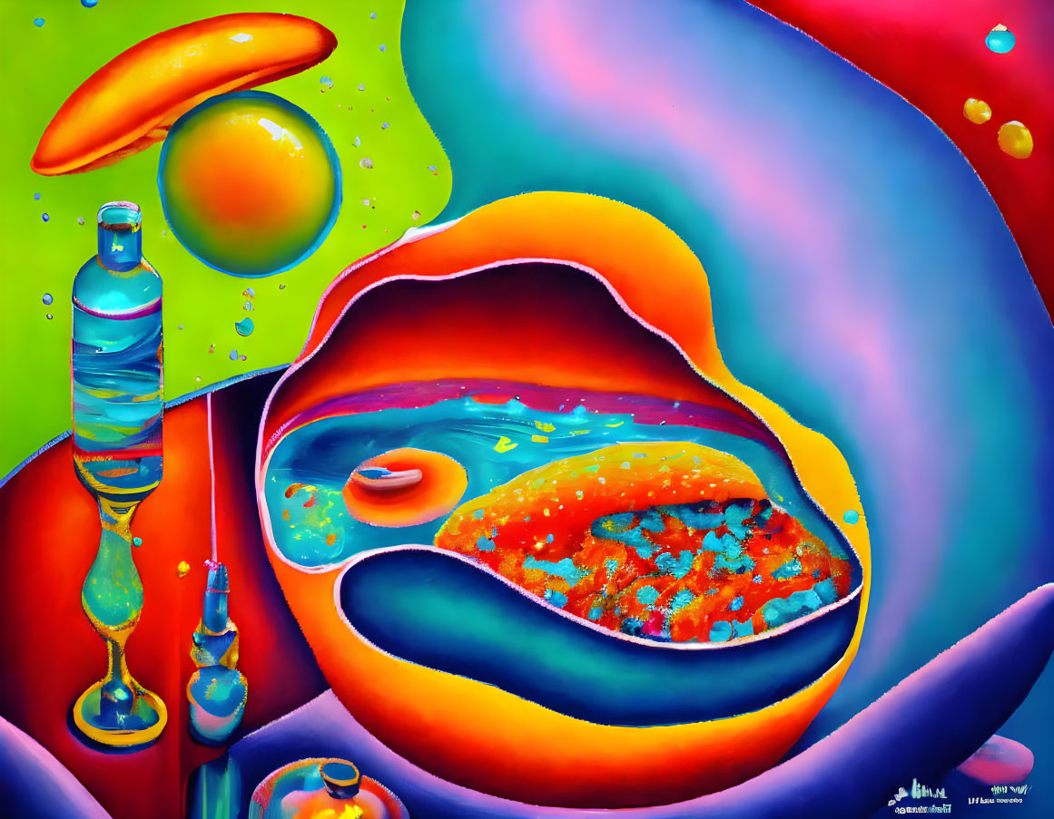 Colorful Surreal Painting with Abstract Shapes and Floating Orbs