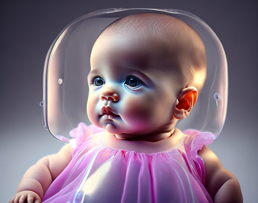 Curious baby in transparent bubble helmet under soft lighting