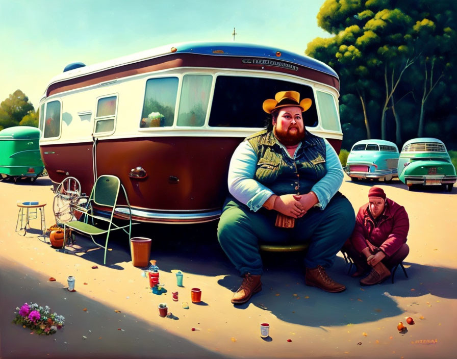 Vivid painting of two men at campsite with vintage trailers and cars