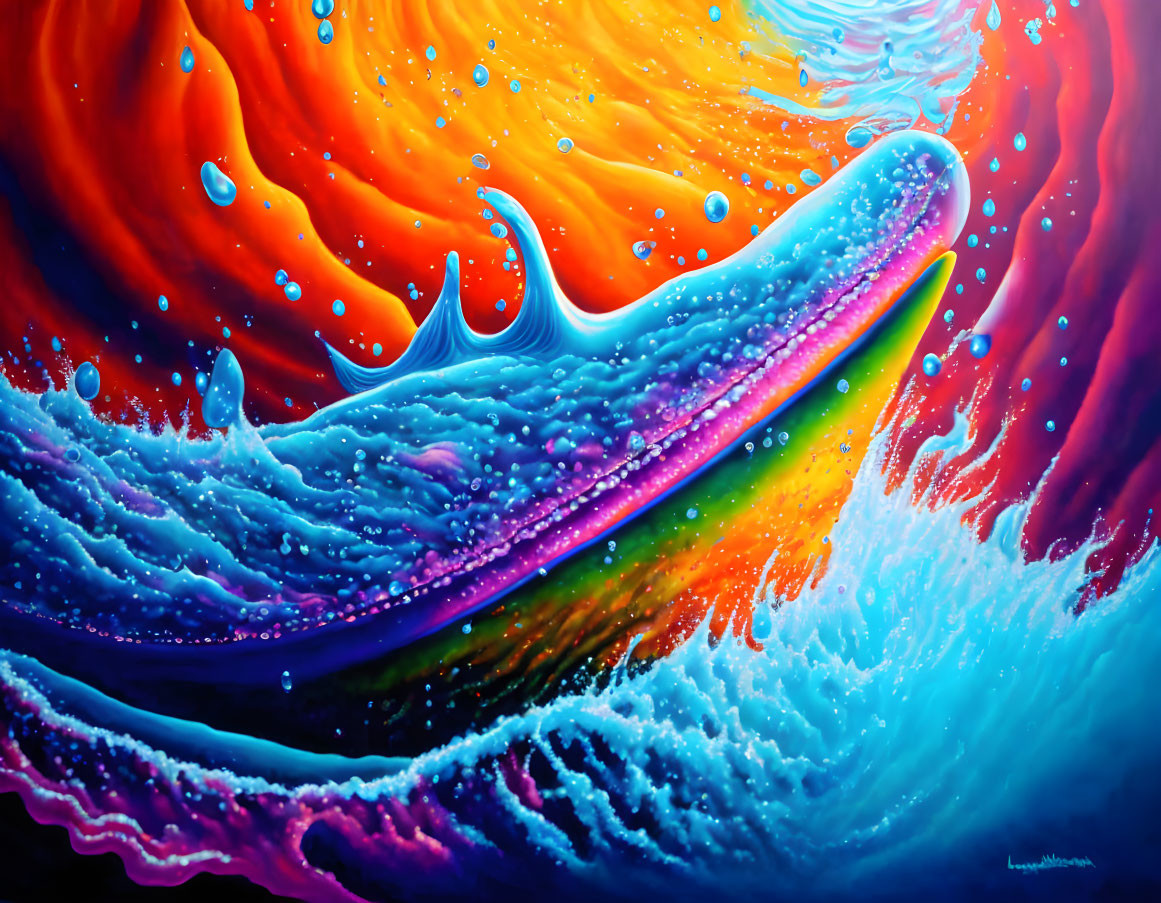 Colorful Wave Painting with Fiery Background and Star-like Specks