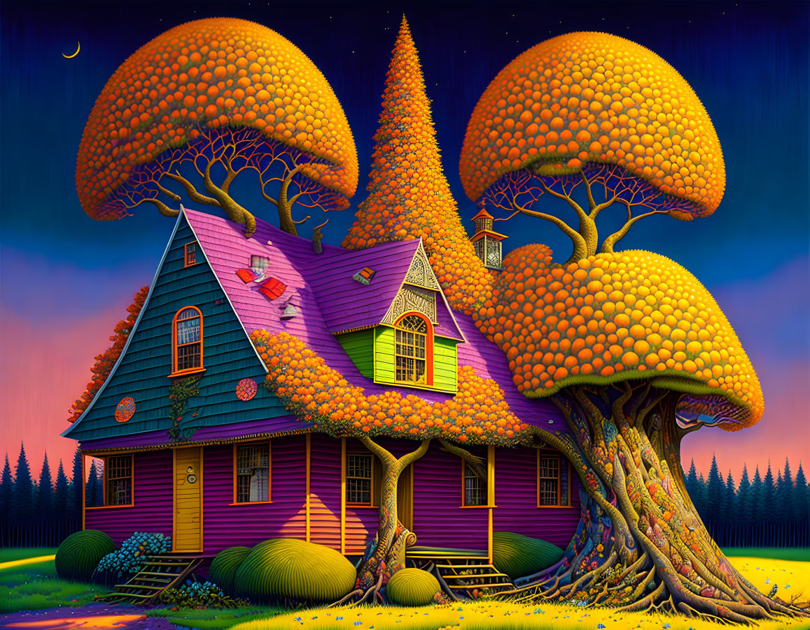 Whimsical house under orange trees on starry night sky