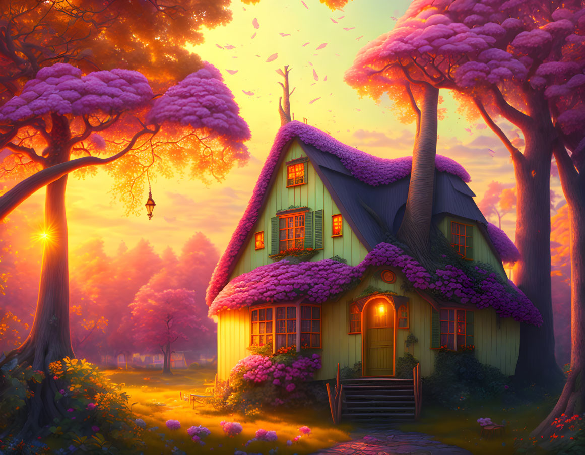 Enchanting cottage with mossy green roof and purple trees under warm sunset sky