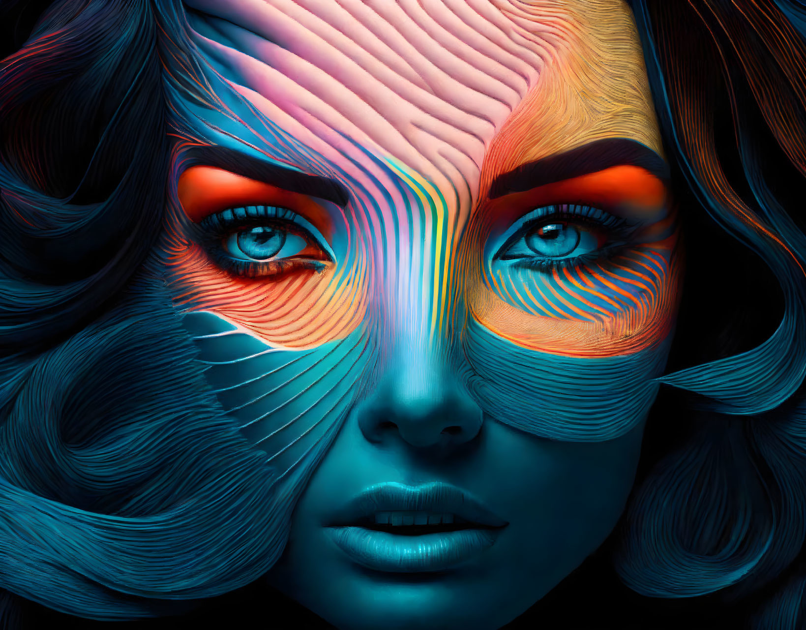 Colorful digital artwork: Woman's face with swirling patterns in bright colors.