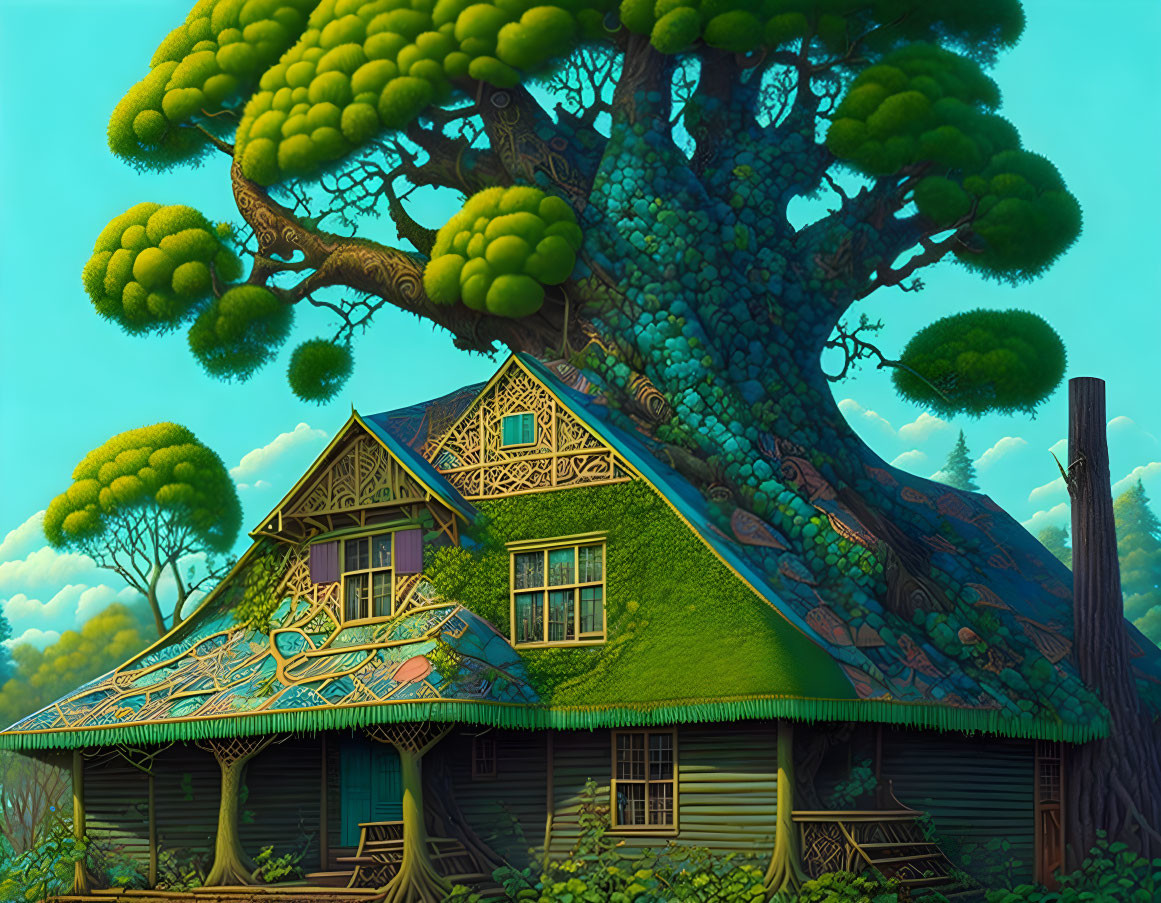 Vibrant oversized tree on rustic wooden house in fantasy forest