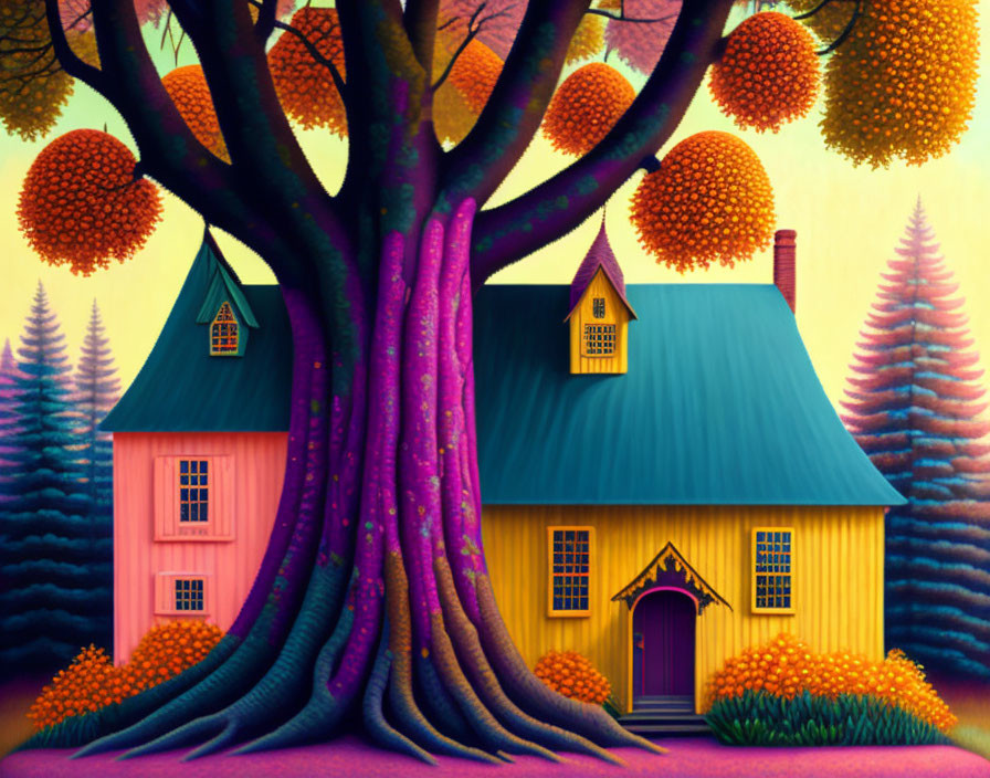 Colorful Illustration of Yellow House, Purple Tree, and Pastel Landscape