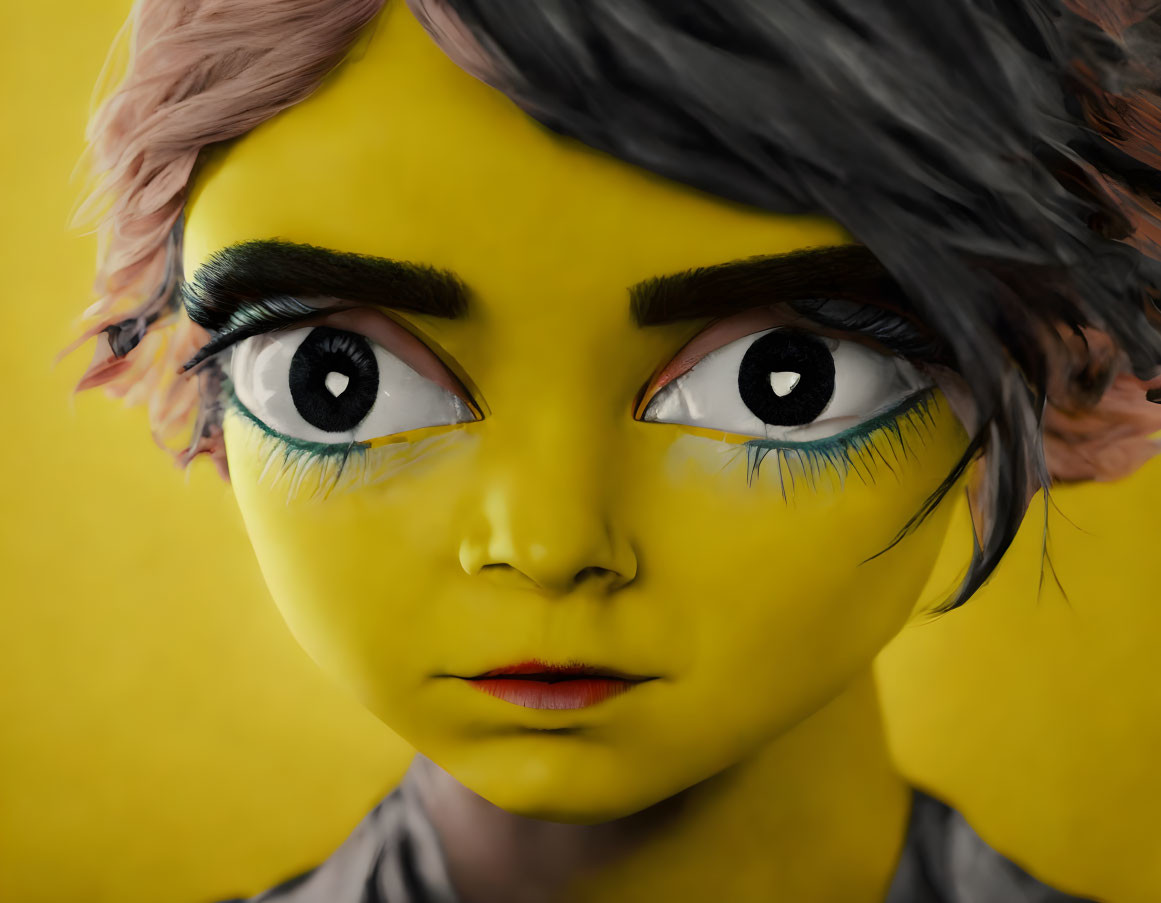 Detailed 3D-animated character with yellow skin and large eyes on yellow background