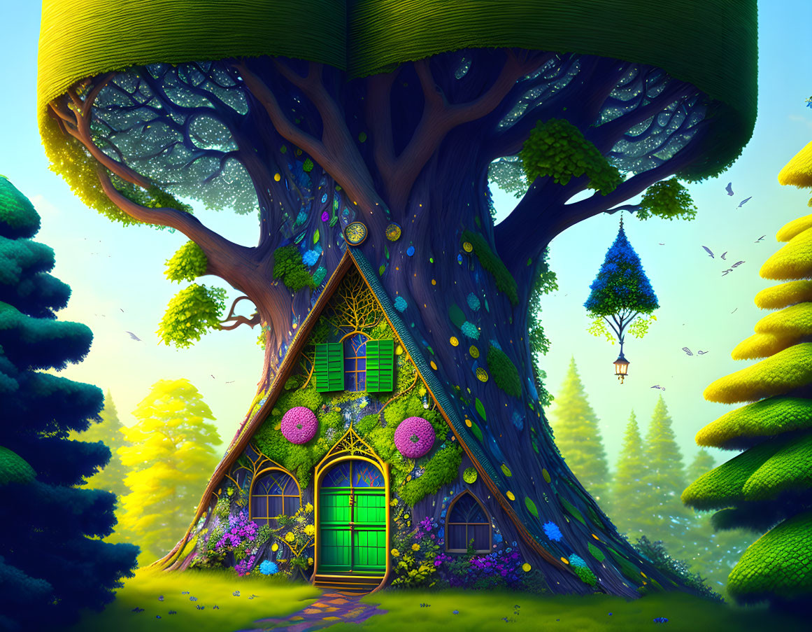 Illustration of large tree with cozy house, lush greenery & floating islands