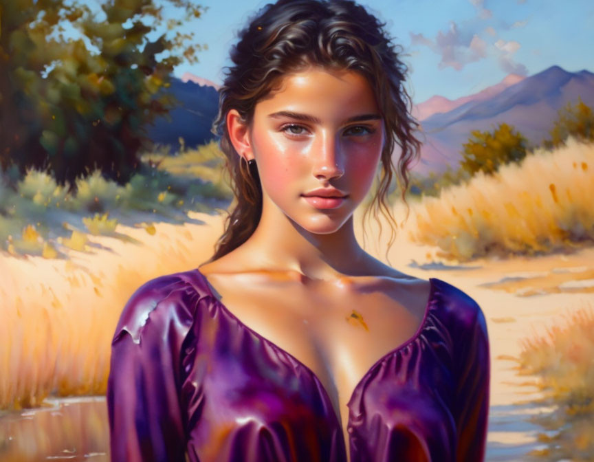 Young woman with wavy hair in purple top against sunlit field and mountains