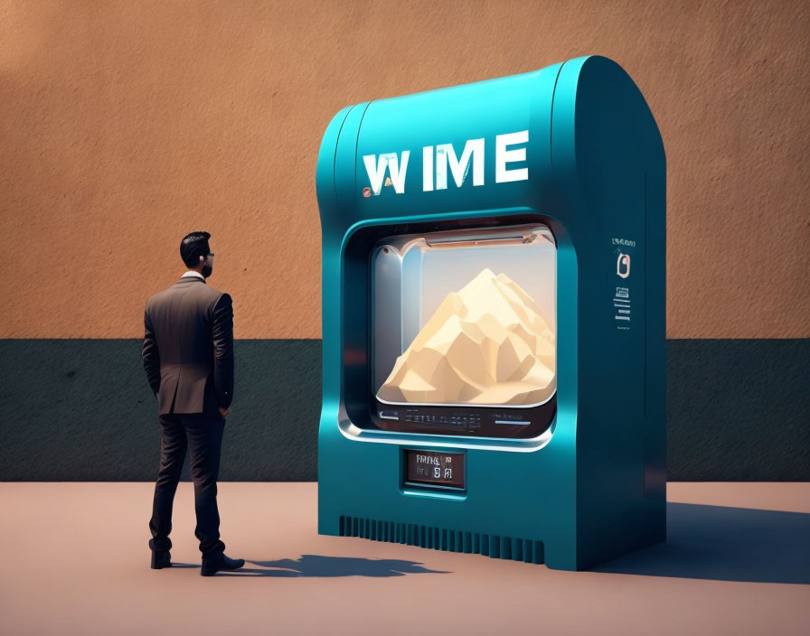 Futuristic ATM-like machine 'vLIME' with gold bars display and person in front