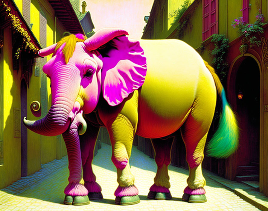 Vibrant Stylized Elephant in European Alleyway