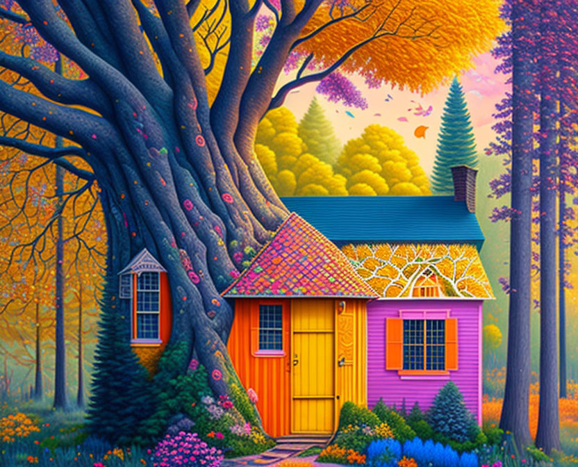 Colorful autumn forest scene with quaint pink and yellow house under tree