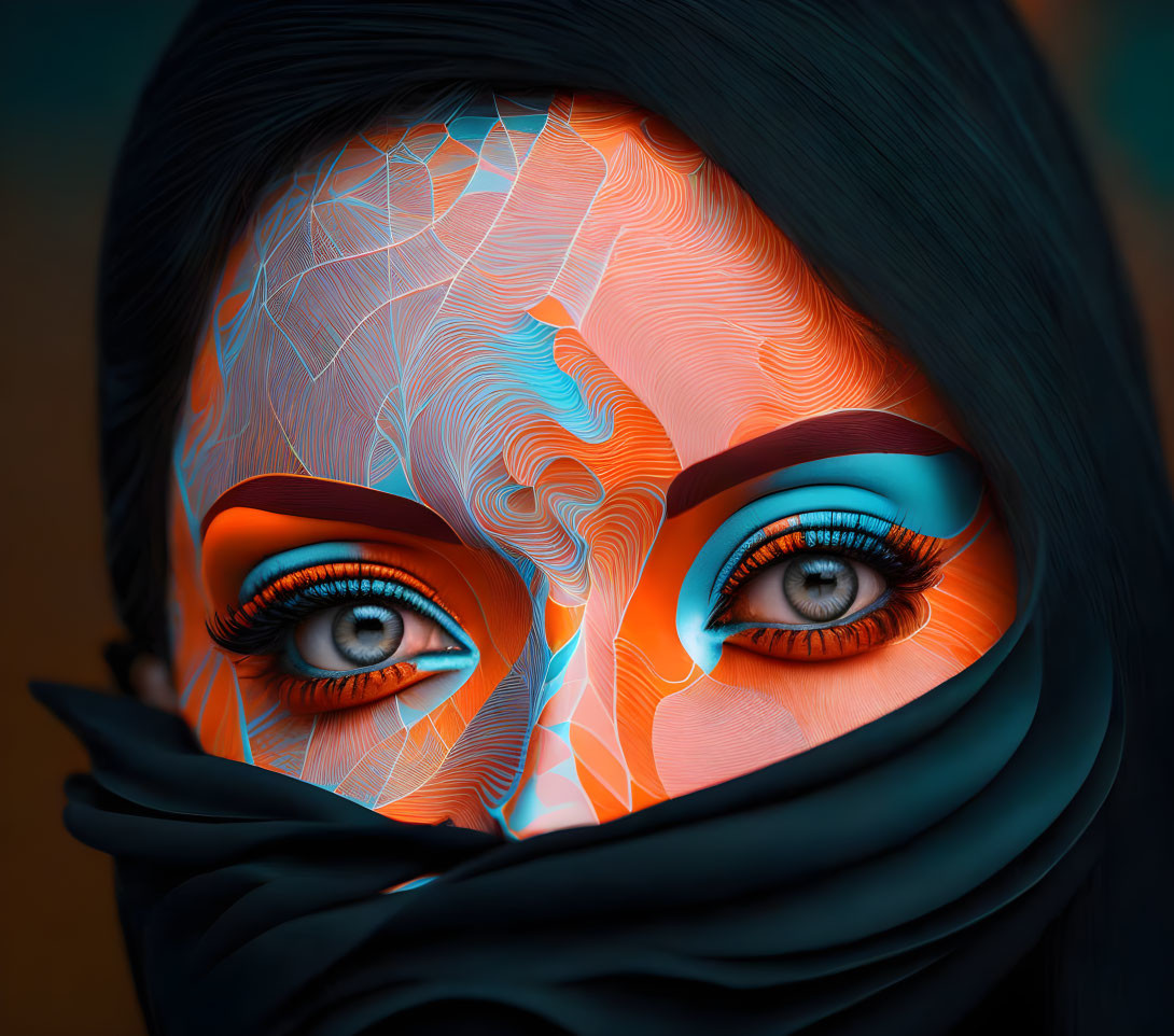 Digital artwork: Woman's face with neon lines, blue eyes, and dark veil