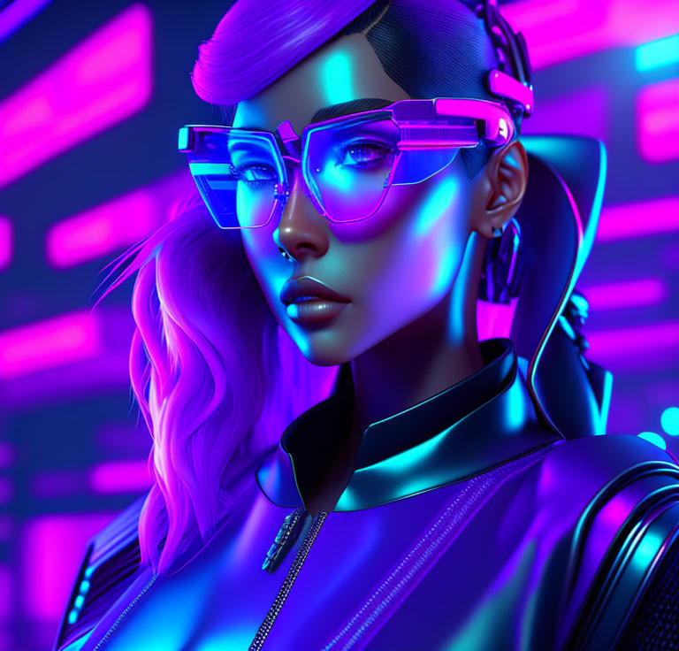 Futuristic female figure with glowing glasses in cyberpunk setting