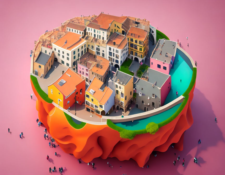 Colorful floating island with tiny figures on pink surface