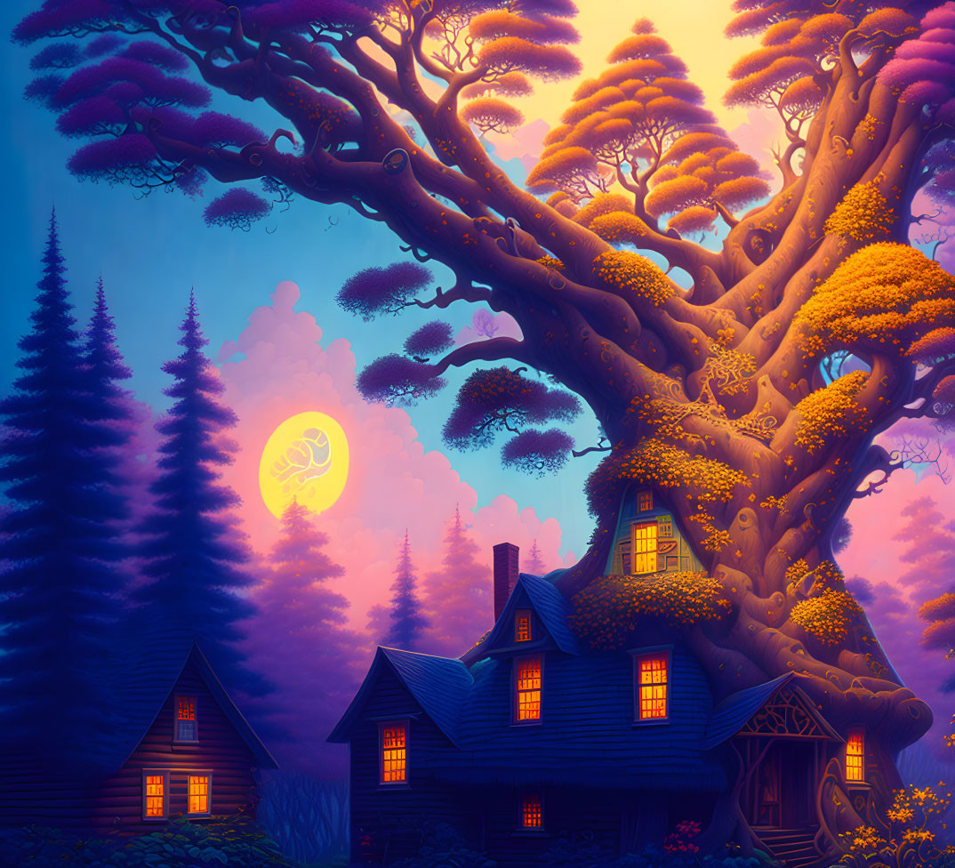 Quaint house under mystical tree in twilight sky