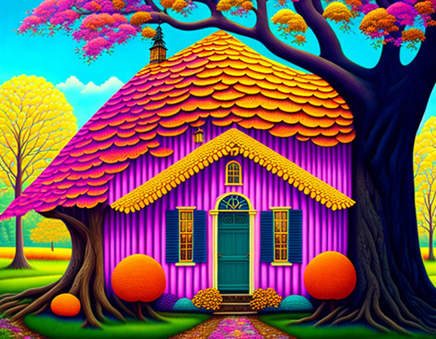 Colorful whimsical purple house with orange roof in vibrant illustration