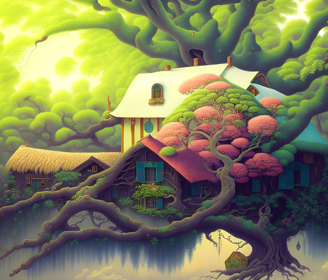 Vibrant green fantasy landscape with quaint house and oversized pink trees