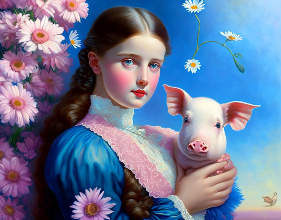 Blue-eyed girl in blue dress with pink piglet among pink flowers under blue sky