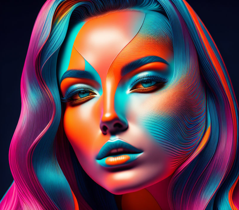 Colorful digital artwork: Woman with neon blue and pink hair and patterned skin on dark background