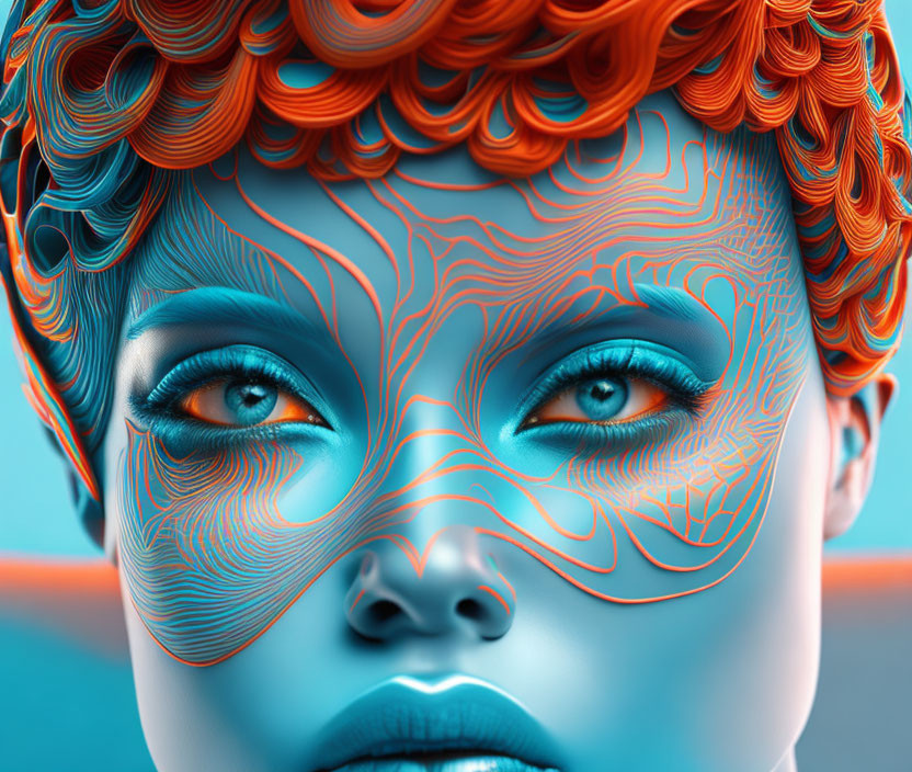 Colorful 3D illustration: person with orange line patterns and curly orange-teal hair