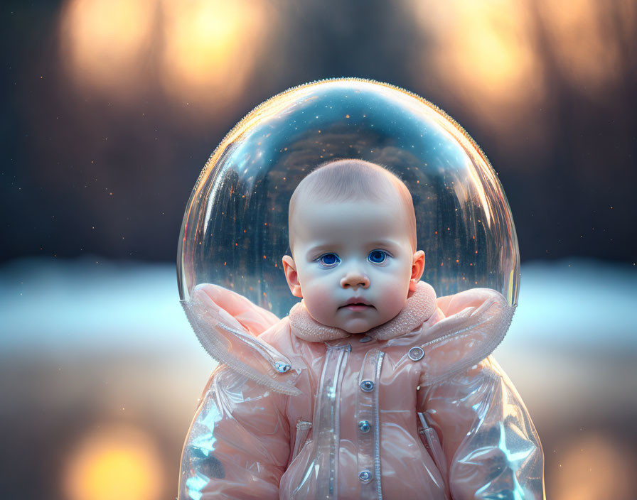 Baby in shiny hooded jacket inside transparent bubble on warm-toned blurred background