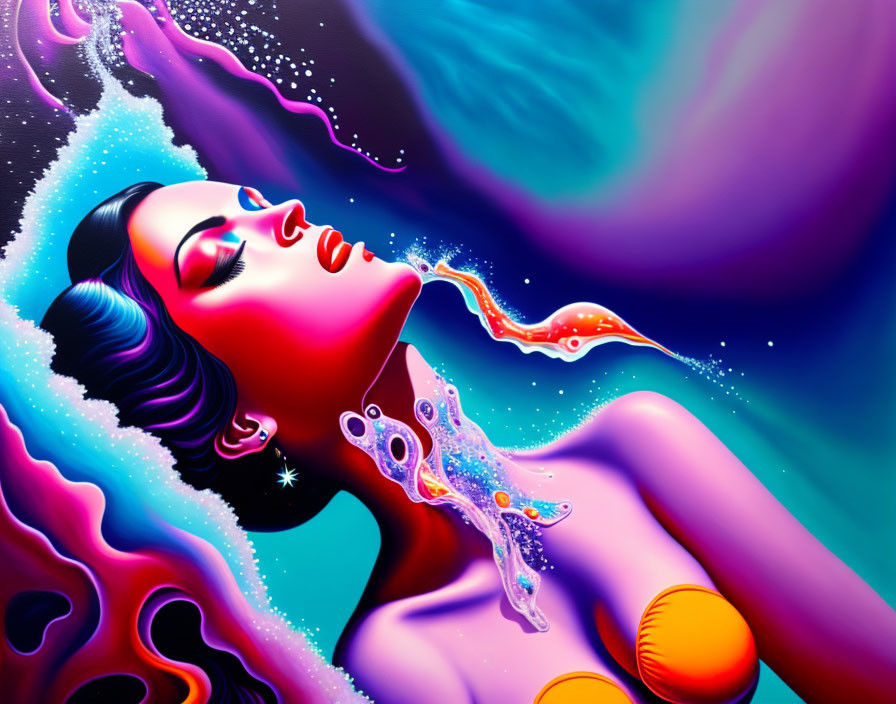 Colorful surrealist artwork: Woman surrounded by flowing shapes