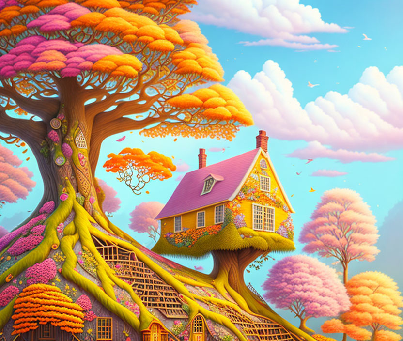 Colorful Illustration: Cozy House Among Lush Trees