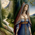 Medieval-style woman in blue dress and cloak against nature backdrop