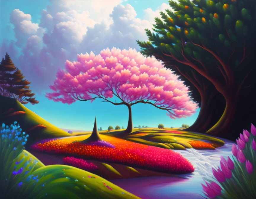 Colorful Fantasy Landscape with Pink Tree and Winding Stream