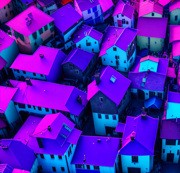 Densely Packed Neighborhood with Surreal Purple and Blue Hues