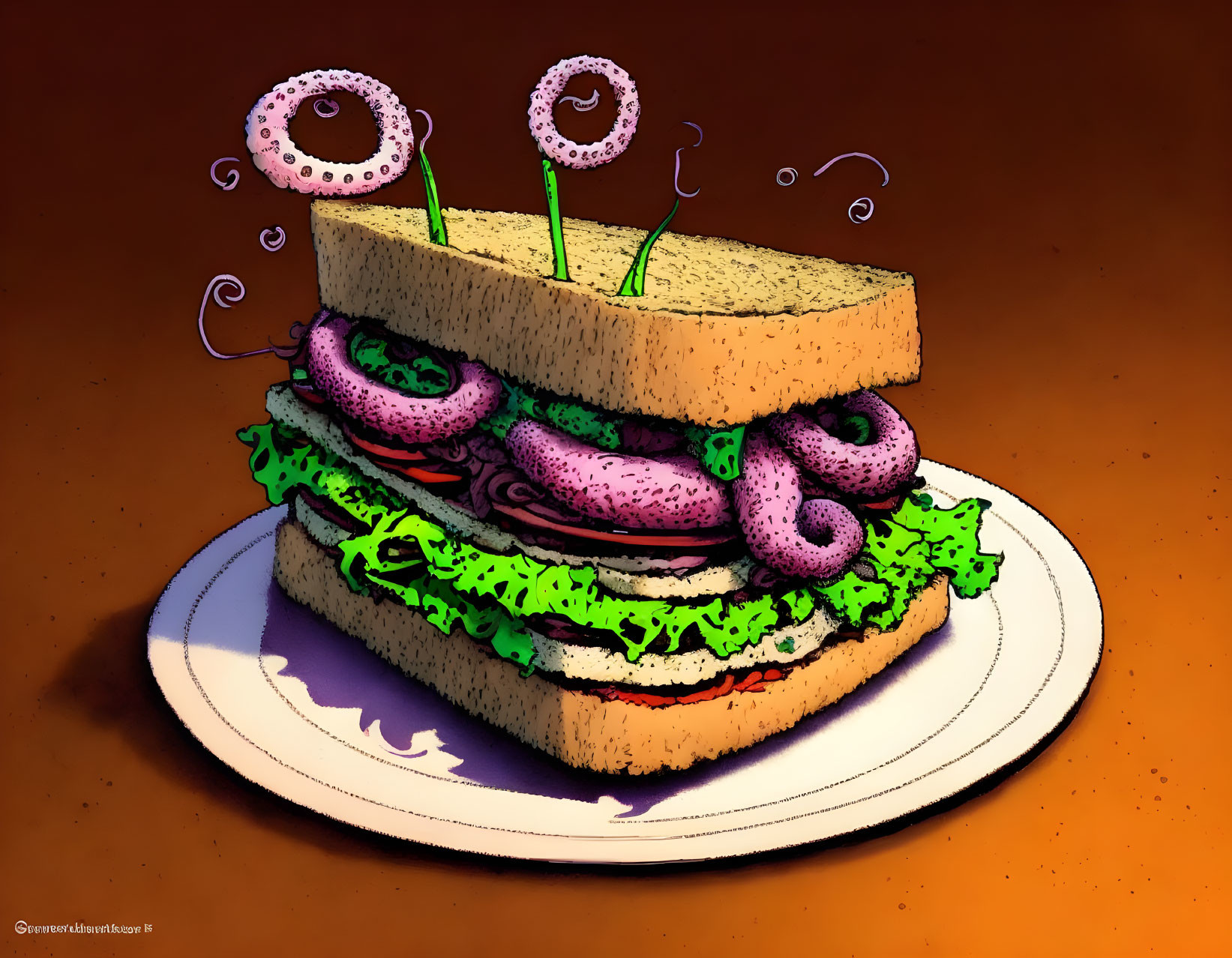 Illustration of whimsical sandwich with purple tentacles and eyes on white plate