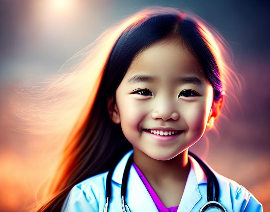 Young girl in doctor's attire with bright smile and stethoscope under warm light