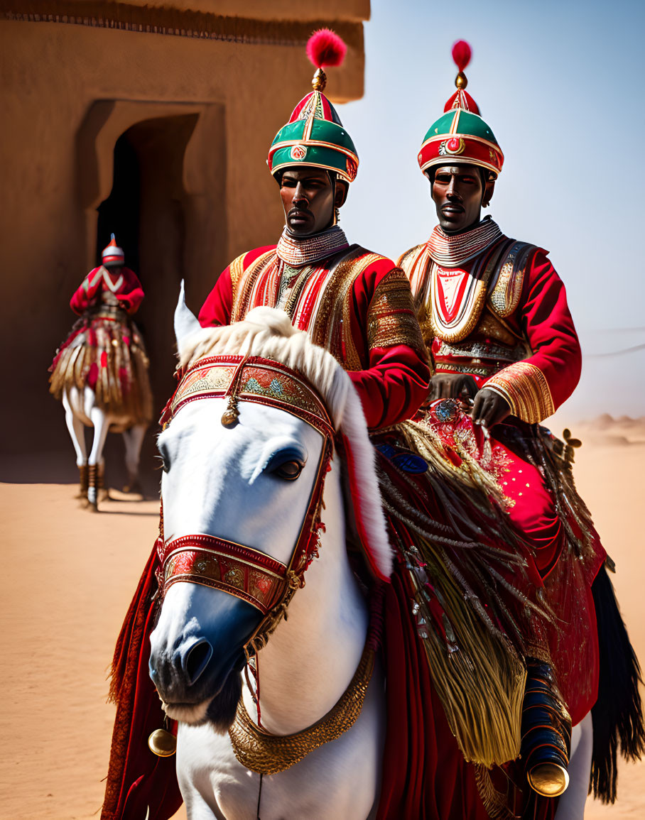 Ceremonial men on white horses in desert fort setting