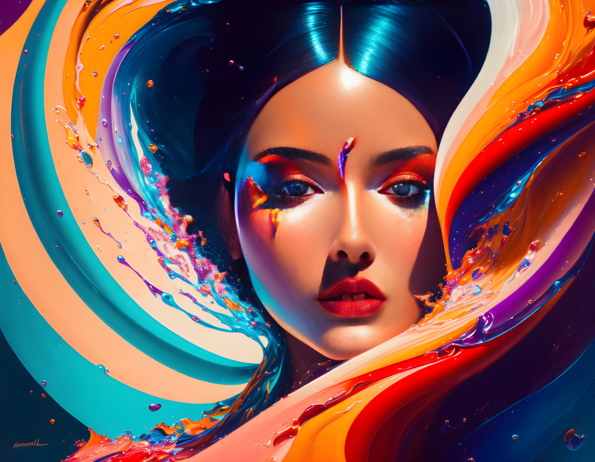 Vibrant liquid-like woman's face in futuristic digital art