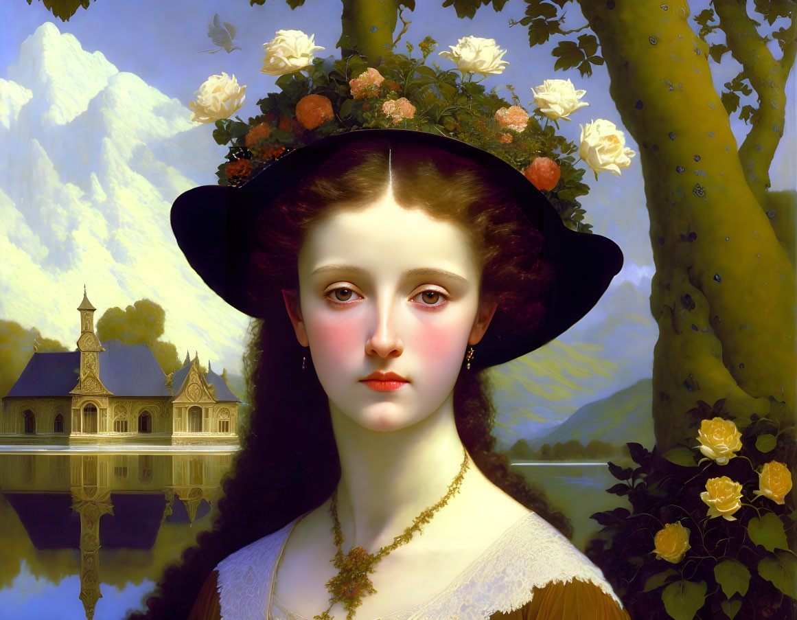 Young woman with roses in wide-brimmed hat by serene lake and classical building