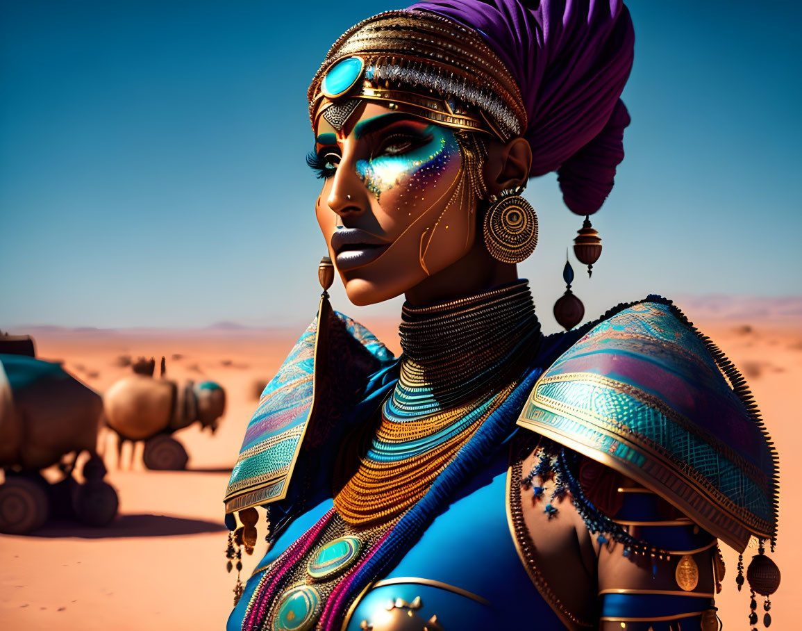 Digital illustration of stylish woman in golden makeup, headgear, and traditional attire in desert scene.