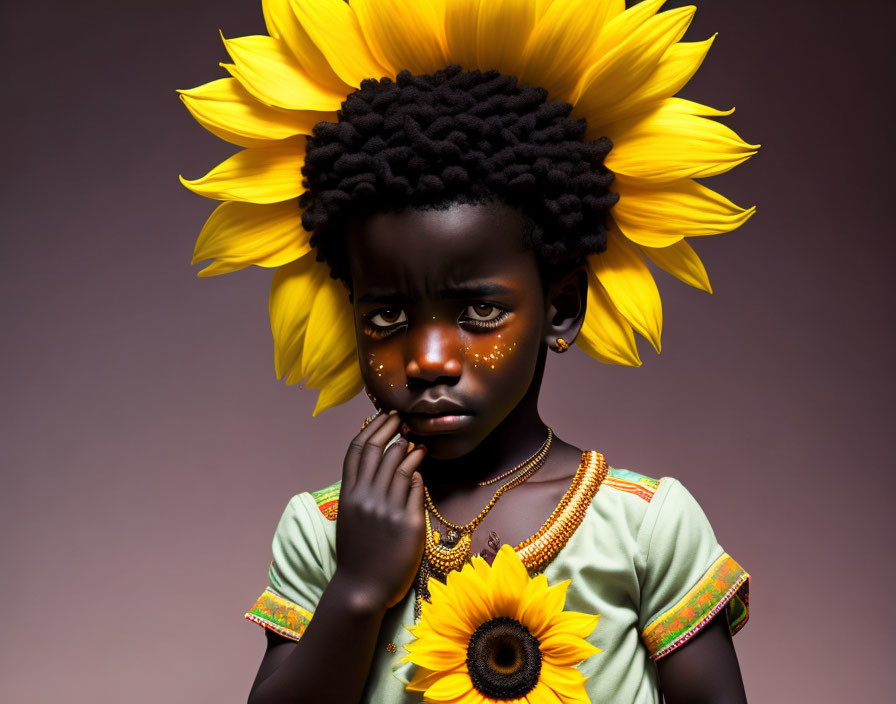 Child in sunflower headdress and dress with painted face, against brown backdrop