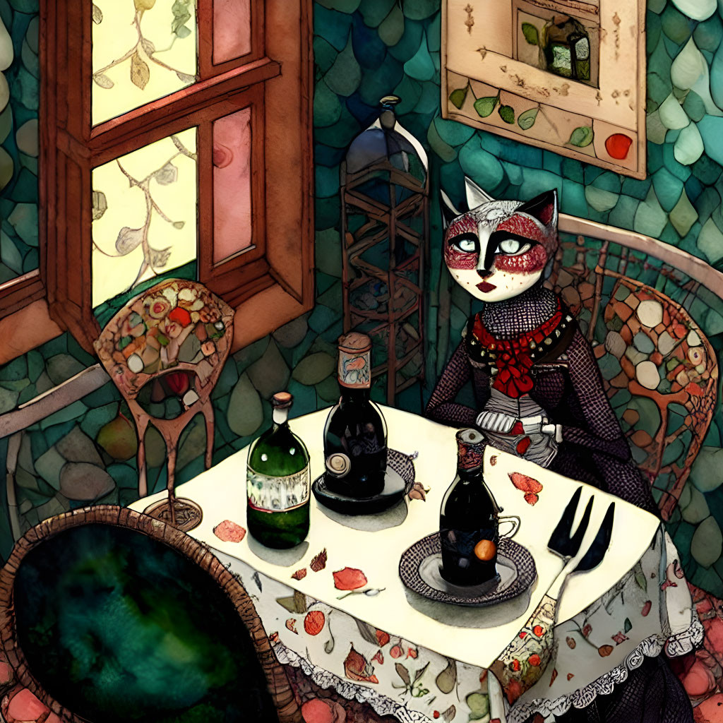 Elegant anthropomorphic cat dining in cozy interior