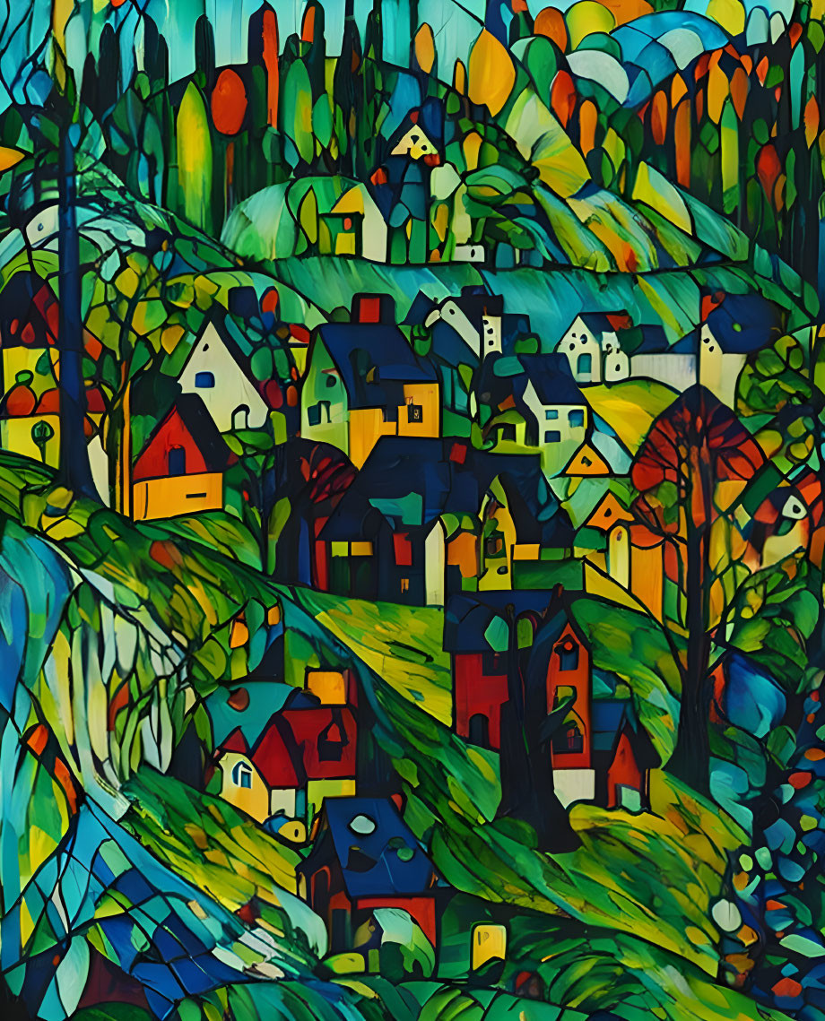 Vibrant village painting with colorful, abstract patterns