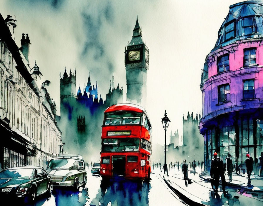 London Street Scene Watercolor Painting with Red Bus and Big Ben