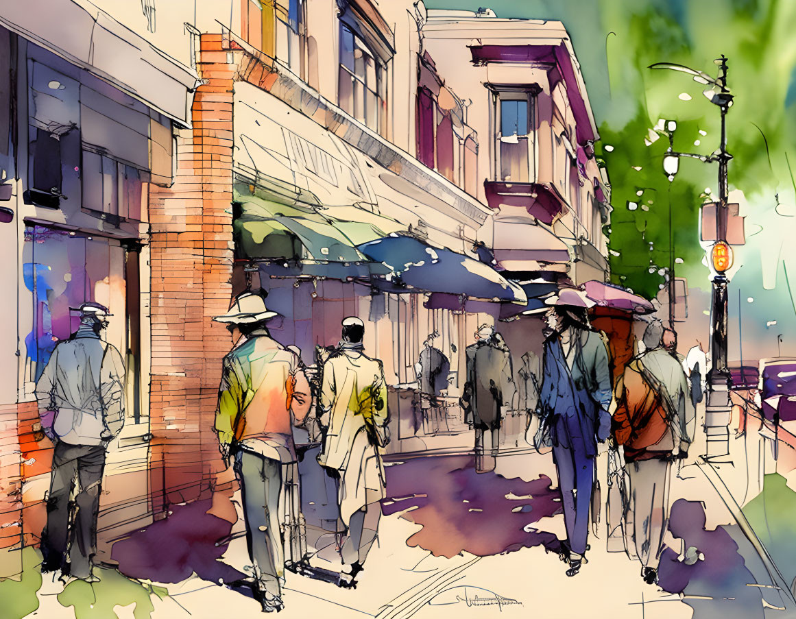 Vibrant street scene artwork with pedestrians and urban setting