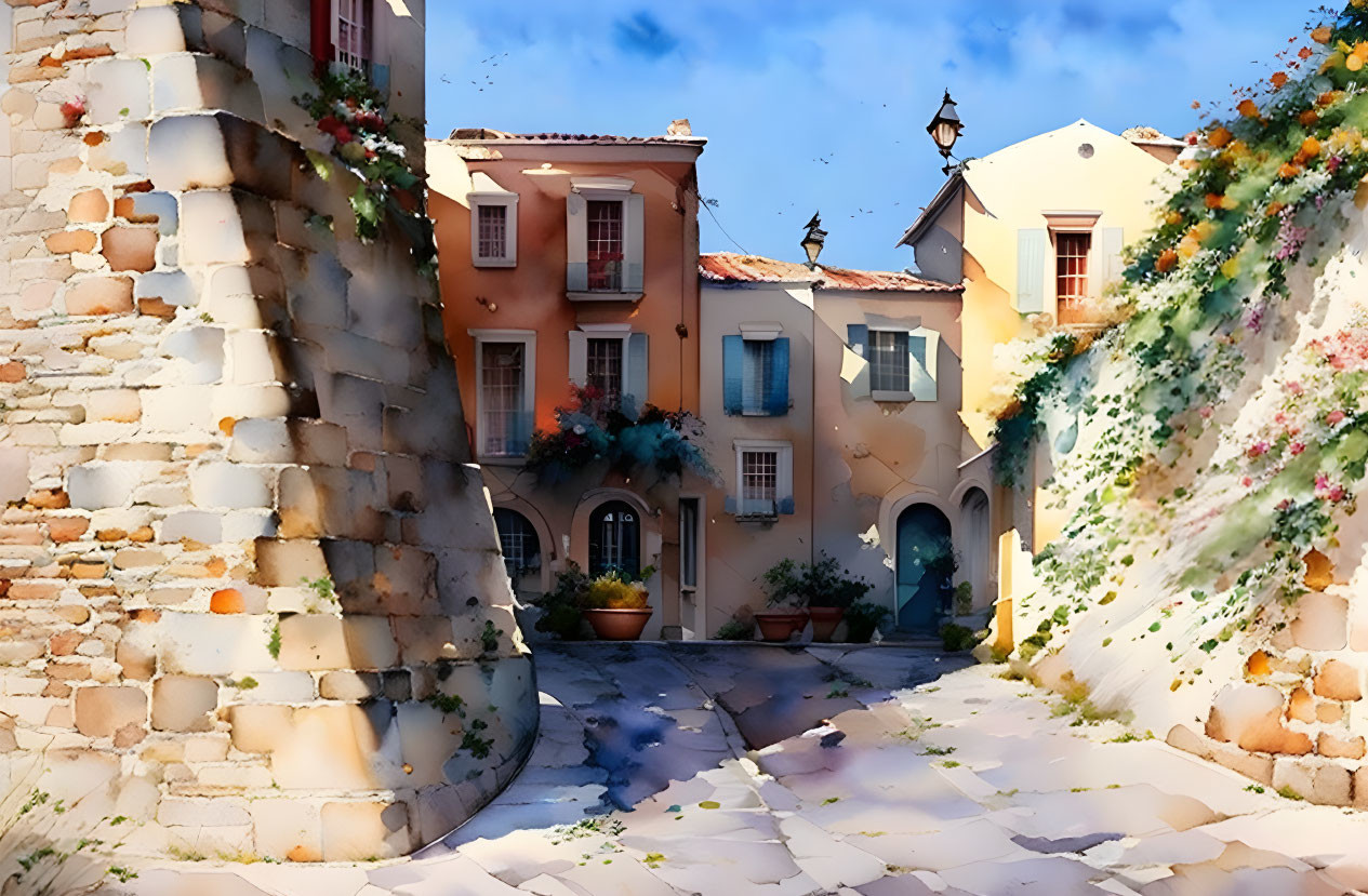 Sunlit European village cobblestone street with colorful houses