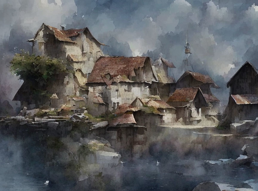 Tranquil village watercolor painting: rustic houses by misty riverside