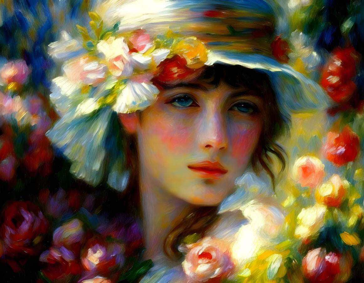 Serene young woman in flower-adorned hat against impressionistic backdrop