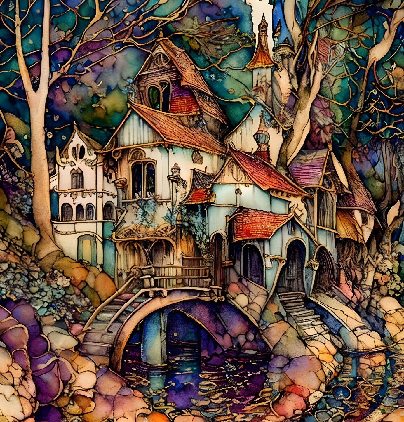 Whimsical Glass Art of a Fairy-Tale Cottage in Forest