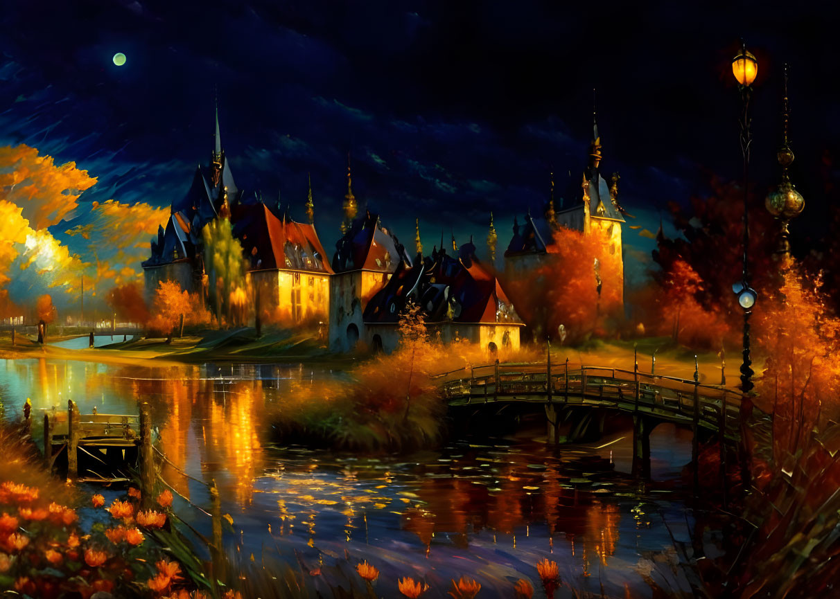 Whimsical castle in autumnal nocturnal landscape