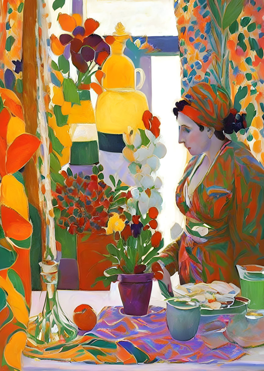 Vibrant painting of woman by table with fruit and vase near floral window