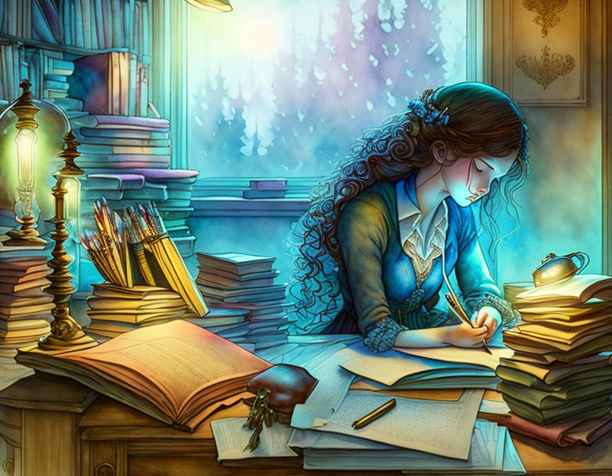 Young woman writing surrounded by books, quills, and lamp at twilight window